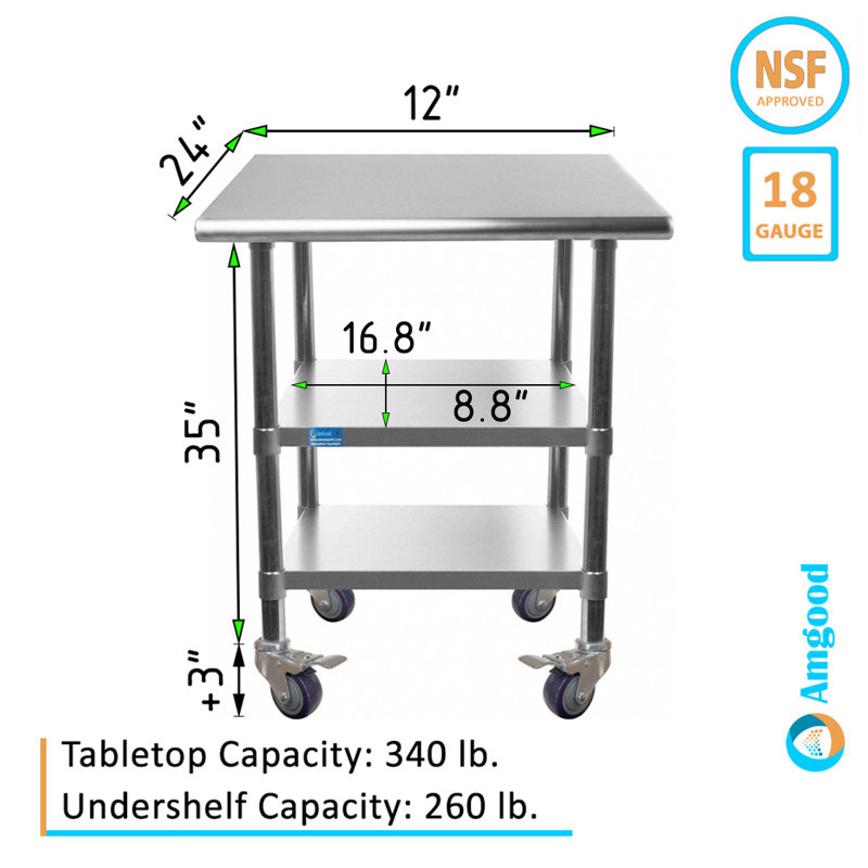 Table de préparation roulante 24 x 12 avec plateau en acier inoxydable et 2 tablettes