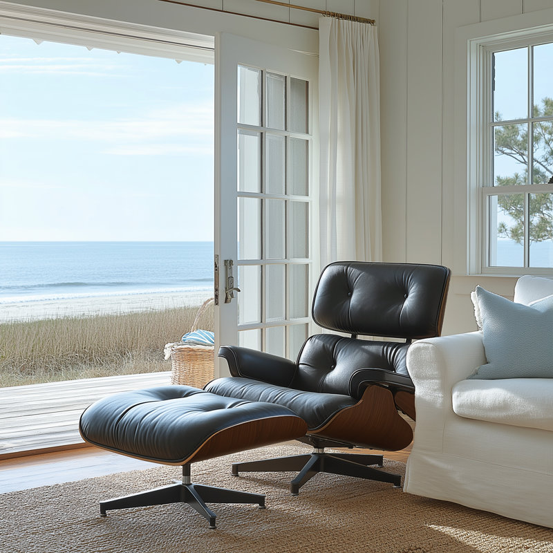 Swivel Accent Chair With Ottoman In Top Grain Leather, Black/Brown Walnut