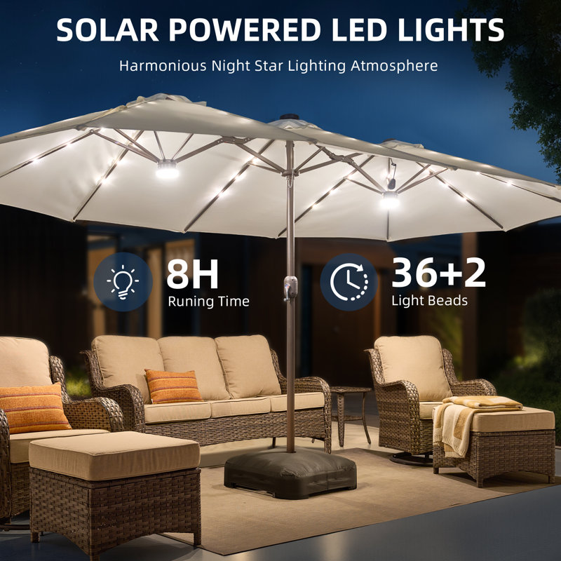 Ensemble de 12 meubles de patio extérieur avec table de foyer 54 po, table basse à lumière solaire et parasol double face 14,5 pi avec base, siège en osier PE pour 8