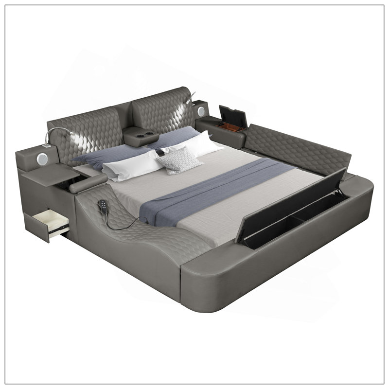 Smart Multifunctional Queen Size Bed With Massage, Storage, And Bluetooth Speakers In Gray