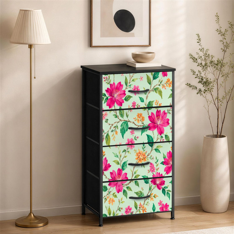 Commode à 4 tiroirs pour la chambre à coucher Fleurs roses, orange, orange, vert clair, petites grandes commodes pour vêtements pour commode avec commode