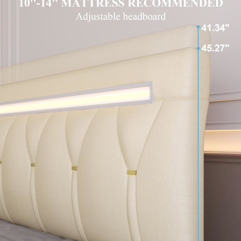 Structure de lit pleine grandeur avec DEL, haut-parleur et tête de lit confortable. Bruit de chambre à coucher moderne - sommeil, charge intégrée, éclairage en similicuir, fonction de charge, conception de réduction.