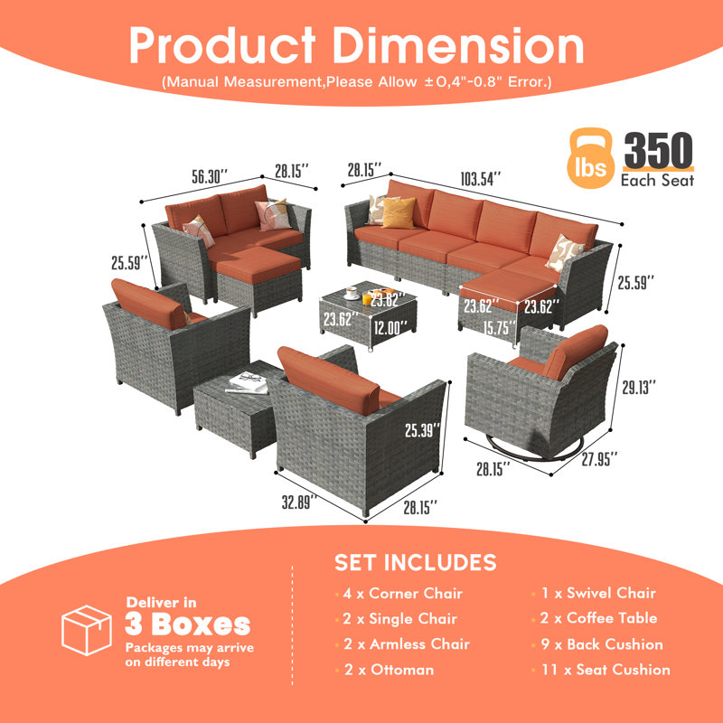 Kirill 9 - Person Patio Conversation Set with Cushions, Orange