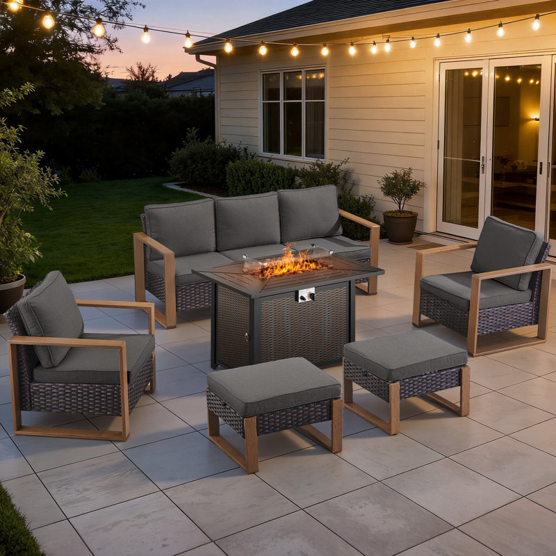 Drazen 7 - Person Patio Furniture Set With Fire Pit Table, All-Weather Wicker Outdoor Conversation Set With Chair And Thick Cushions
