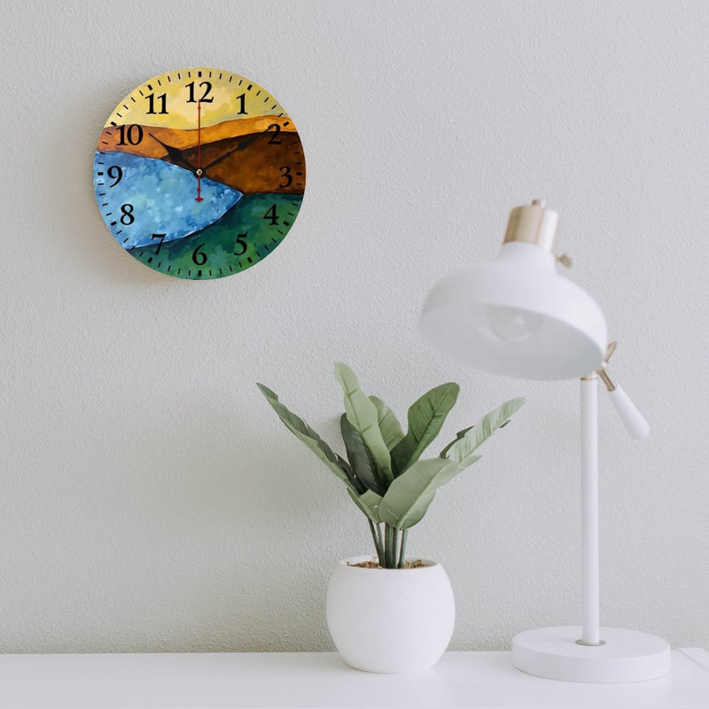 Horloge murale jaune, bleu, vert, paysage abstrait, 12 po x 12 po pour la cuisine et le balcon