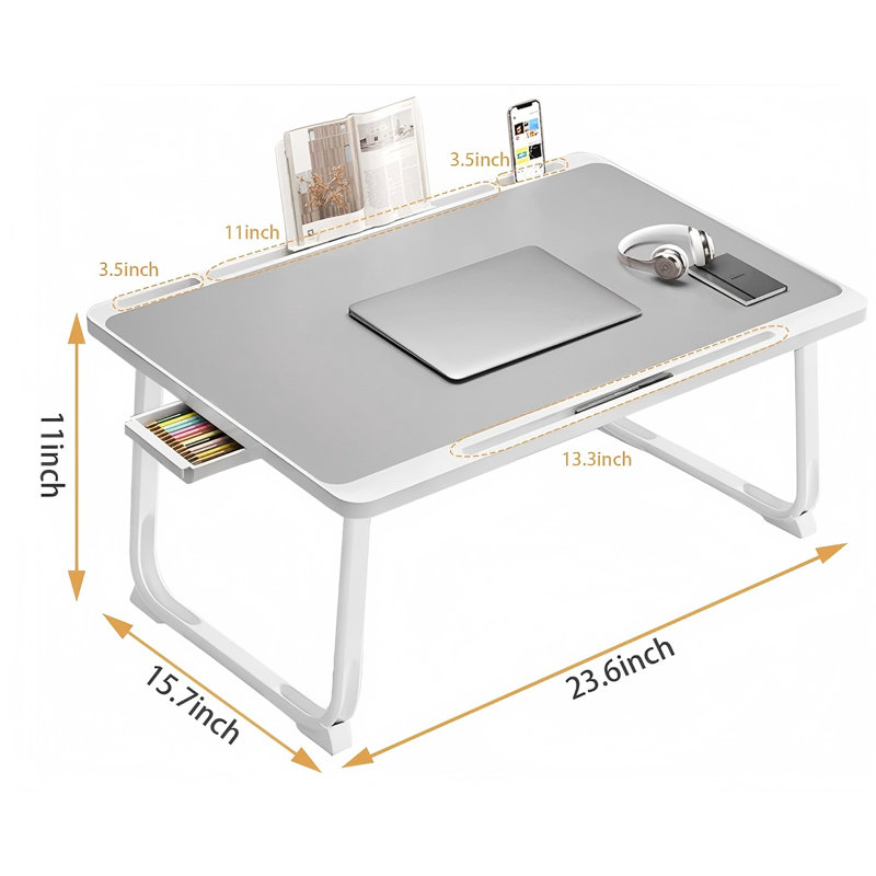 Bureau d'ordinateur portable pour lit, table-plateau pour ordinateur portable, table-tablette pliable avec tiroir de rangement et bibliothèque, plateaux de lit pour ordinateur portable