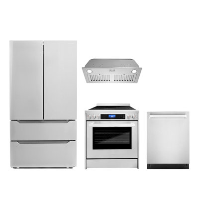 Cosmo 4 Piece Kitchen Appliance Package with French Door Refrigerator , 30'' Electric Freestanding Range , Built-In Dishwasher , Insert Range Hood , a -  COS-4PKG-742