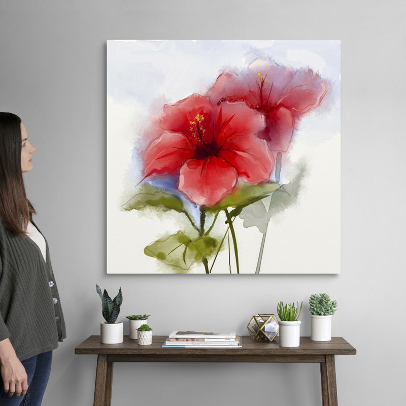 Aquarelle sur toile, fleur d'hibiscus rouge, Toile tendue, H 36 po x l 36 po x P 1,25 po