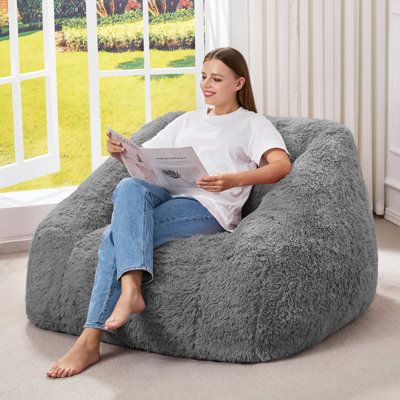 Fauteuil à billes surdimensionné à accoudoirs carrés et trapézoïdaux compressés pour adulte, canapé-lit moelleux en fausse fourrure de Lion