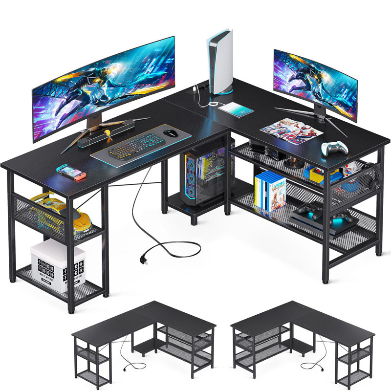 Amarpreet L-Shaped Writing Desk with Power Outlet, Black