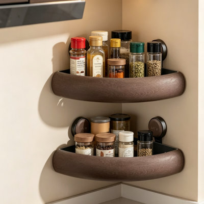 2 Pack Wood & Metal Corner Shower Caddy with Powerful Suction Cups, Drainable Triangular Floating Wall Shelf with Hooks, Farmhouse Corner Storage Organizer for Bathroom, Kitchen & Sink Corner