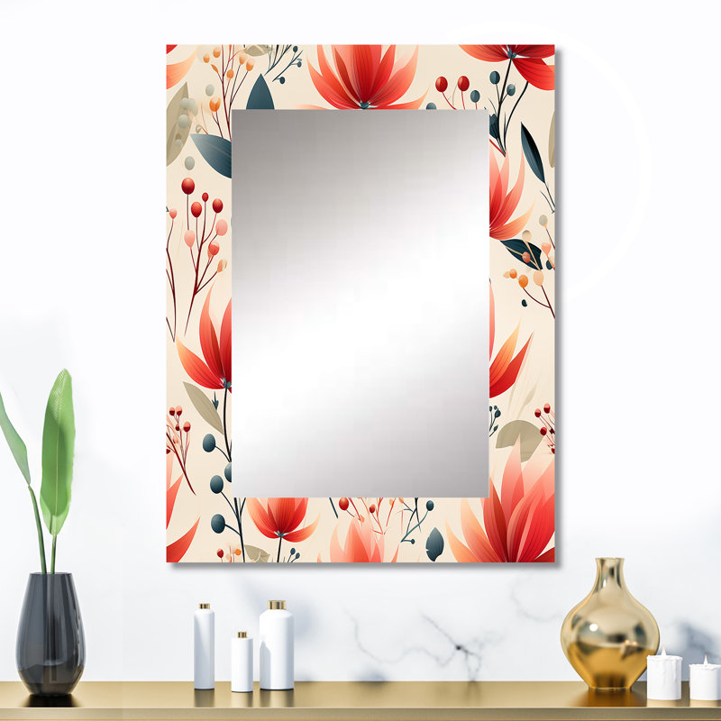 Alhassane élégant motif floral rouge - miroir unique floral, grand miroir mural floral, impression d'art en métal