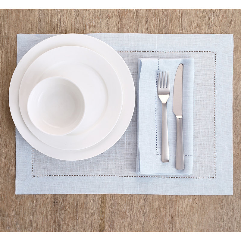 100% Pure Linen Hemstitch Dinner Napkins - Classic Hemstitch, Sky Blue