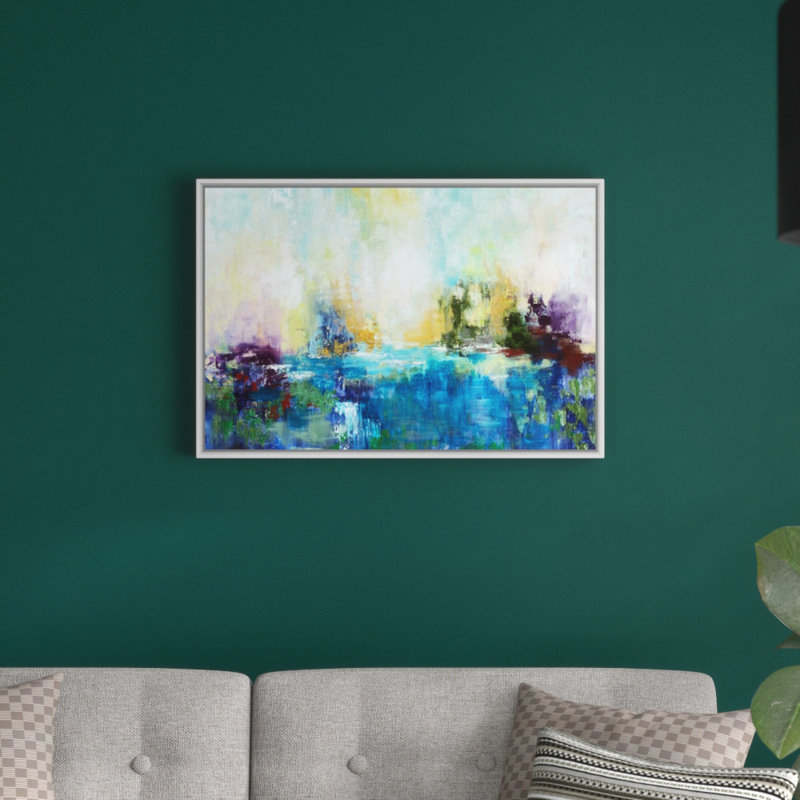 « karmic energy », peinture sur toile, H 33,7 po x l 49,7 po x P 1,75 po, Cadre flottant blanc