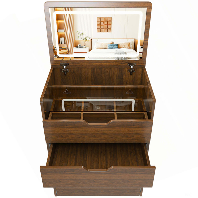 Bureau de coiffeuse 3 en 1 avec miroir éclairé et tabouret, coiffeuse à plateau rabattable, rangement compact pour la chambre à coucher, la salle de bain et le vestiaire