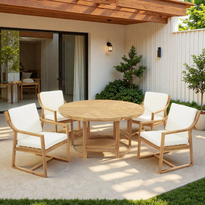5-Piece Outdoor Acacia Wood Patio Dining Set with 59.1"D Round Table and Cushions