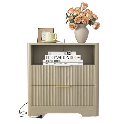 Smart Wood Nightstand With Charging Station, LED Night Light, And Storage Cabinet For Bedroom