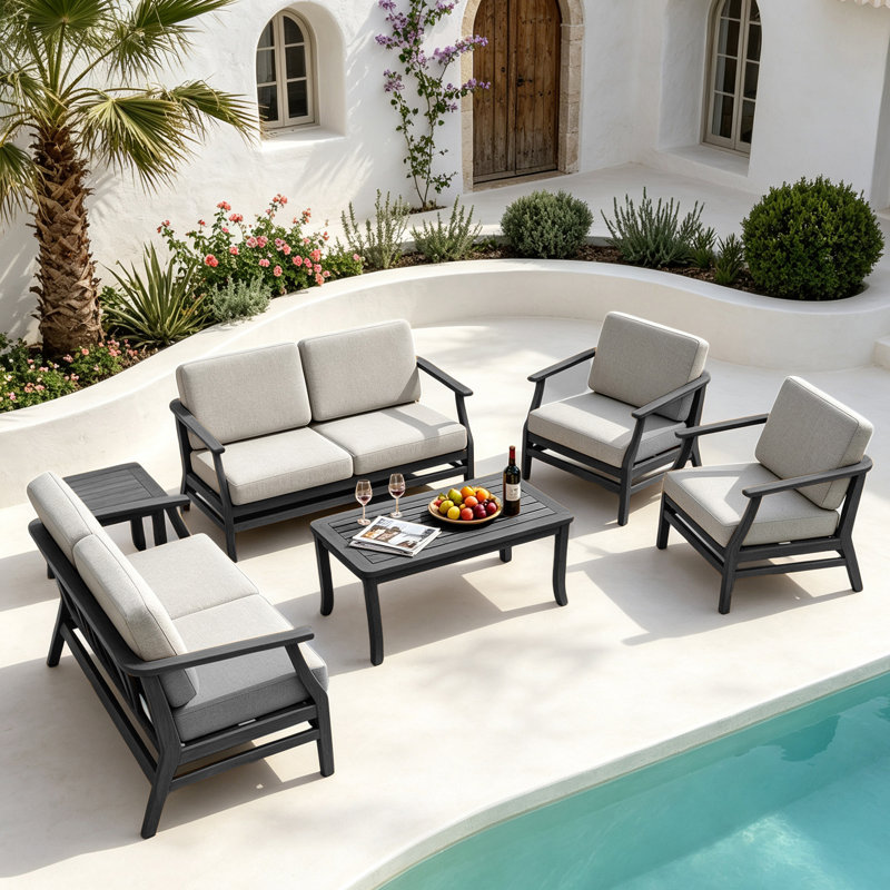 Ensemble de patio extérieur en teck pour six personnes avec coussins et deux tables Polett, Chameau clair, Noir