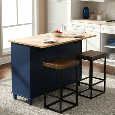 Wardlow Kitchen Island Dining Set with Drop-Leaf Tabletop, Storage Cabinet, 4 Drawers & 2 Stools