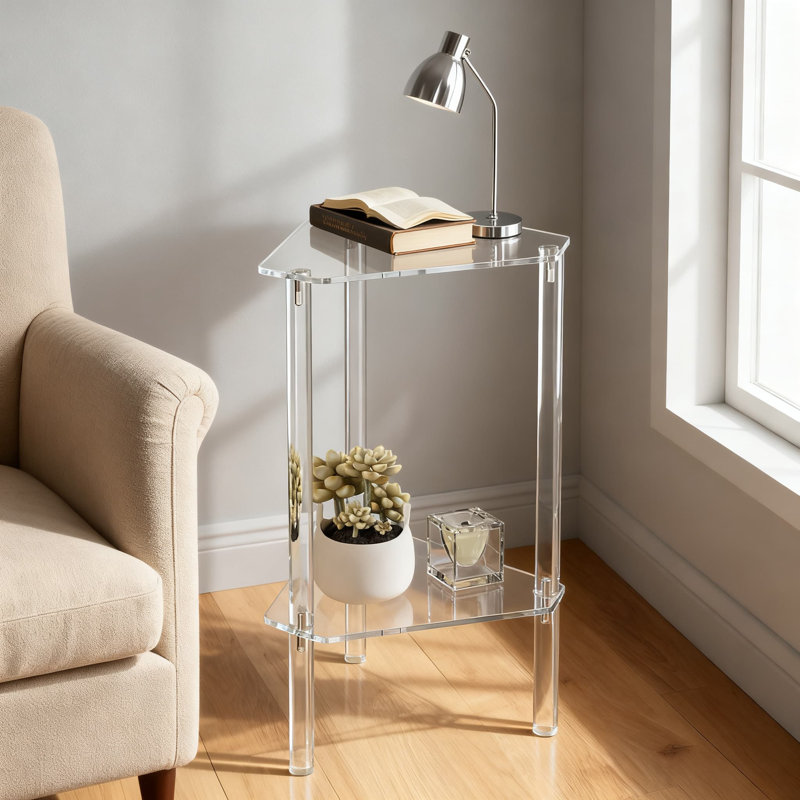 Table de bout moderne triangulaire en acrylique transparent pour petits espaces, table d'appoint d'angle à 2 niveaux avec assemblage facile pour le salon, la chambre à coucher et le balcon