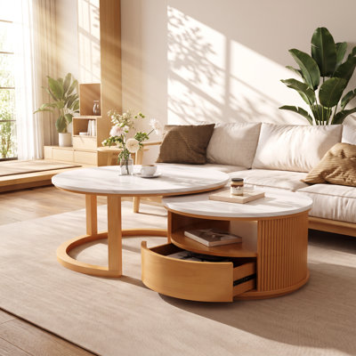 Ensemble de 2 tables basses gigognes en placage de marbre, 1 tiroir, 72,4 cm L x 72,4 cm P x 38,6 cm H