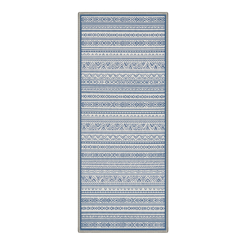Geometric Stripes Machine Washable Slate Blue Indoor Area Rug With Non-Slip Backing, Runner 2'6" x 8'