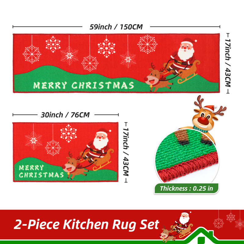 Tapis de cuisine de Noël 2 PCS Tapis de cuisine anti-dérapant Merry Christmas, 17 po x 30 po + 17 po x 59 po