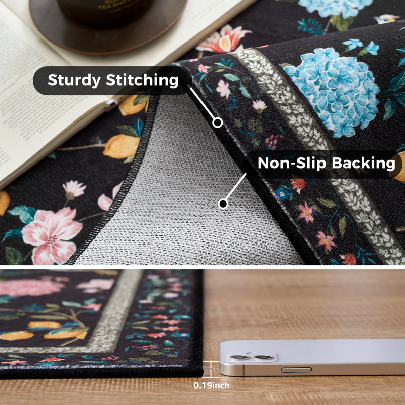 Botanical Floral Washable Non-Slip Area Rug, 3'x 5', Black