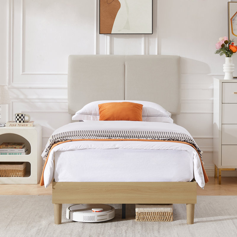 Lit plateforme en tissu d'ameublement Binnett, Lit simple, Beige