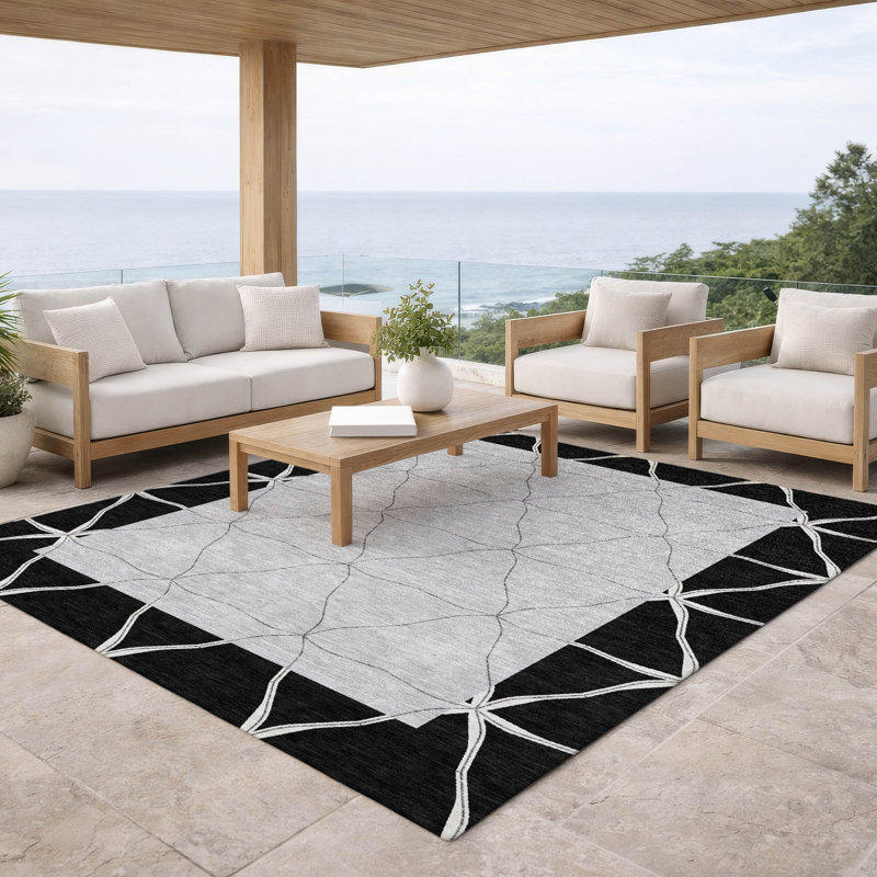 Machine Washable Indoor/Outdoor Chantille ACN2841 Border Rug, 8' x 10', Black