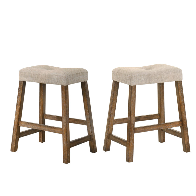 2-piece Set Of Backless Bar Stools With Leather Seats And Wooden Legs, Suitable For Kitchens And Bars, Beige/Light Brown