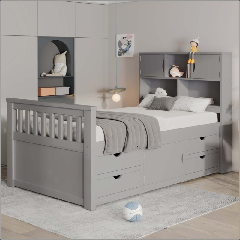 Base de lit plateforme capitaine avec bibliothèques de rangement et tablettes, quatre tiroirs, Gris