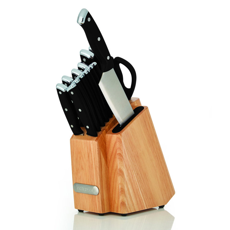 Black 14-Piece Knife Block Set with Built-In Sharpener