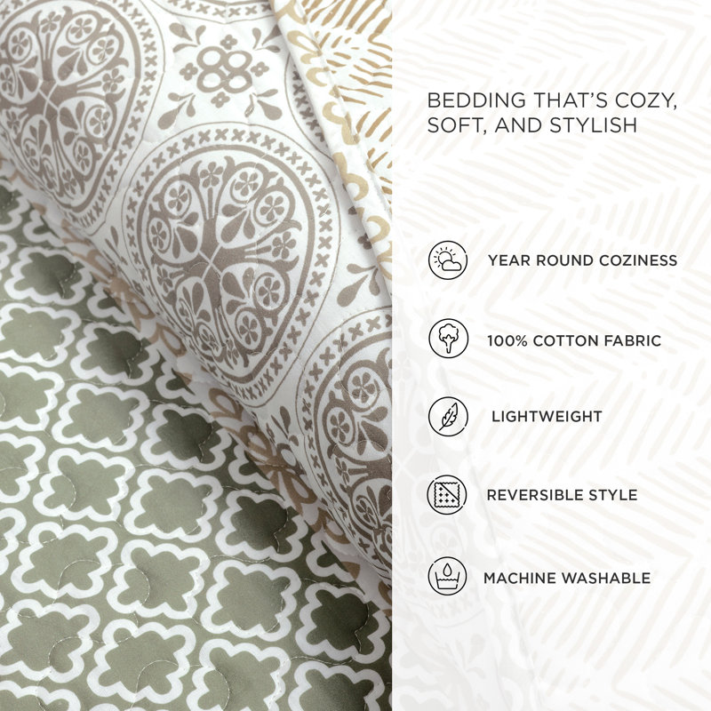 King Neutral Cotton Reversible Bohemian Quilt Set