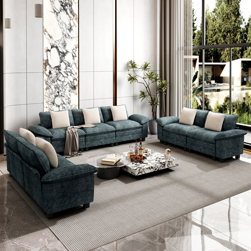 7 Piece Modular Living Room Set, Teal Chenille