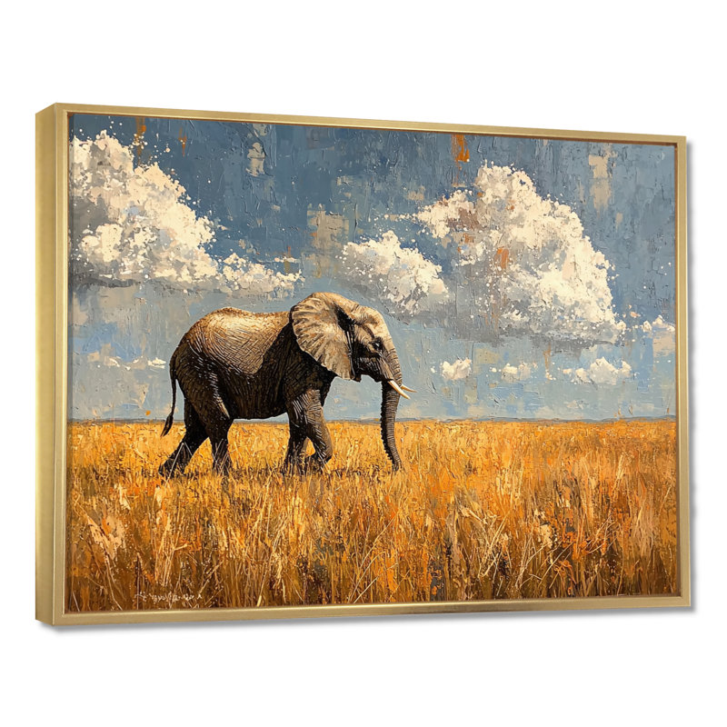 Éléphant Gullickson dans les plaines d'Afrique III - éléphant, art mural, H 12 po x l 20 po, Avec cadre, Doré