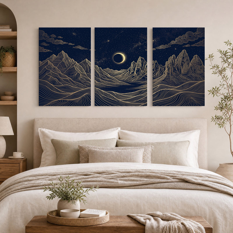 Ensemble de 3 toiles murales représentant une chaîne de montagnes et un croissant de lune, avec des lignes dorées