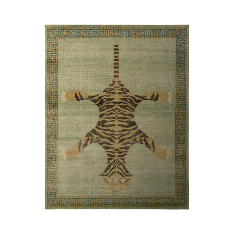 Classic Pictorial Tiger Rug Green Orange Custom Pattern By Rug & Kilim, Rectangle 12' x 18'