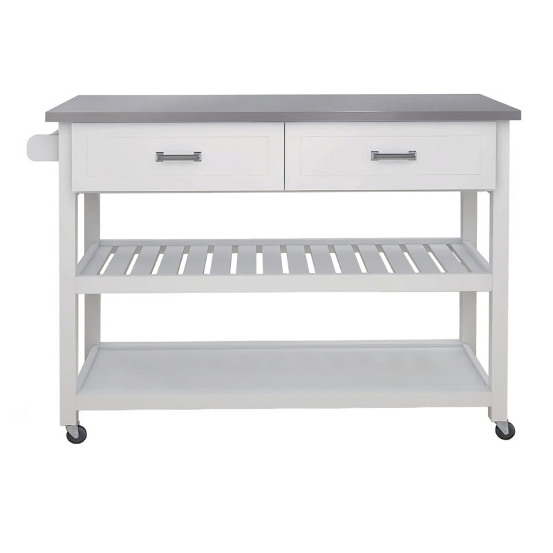 Stainless Steel Table Top White Kicthen Cart With Two Drawers