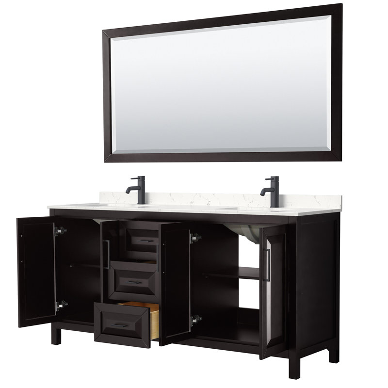 Daria 72'' Double Bathroom Vanity with Carrara Marble Top, Carrara Cultured Marble, Dark Espresso, Matte Black