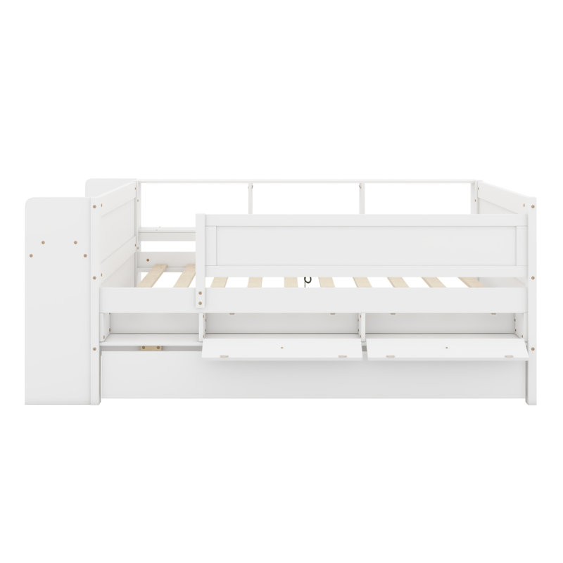 Daybed With Drawers And Trundle Bed, Shelves And Tables, USB Charging Station, White