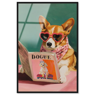 Décoration murale Corgi and Her, impression sur toile rose encadrée par Art Remedy, cadre noir, 16 x 24
