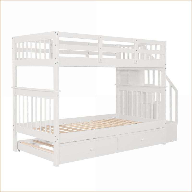 Lit simple superposé simple avec lit gigogne, structure en bois de pin et en panneau de fibres à densité moyenne, rangement pour escalier, aucun sommier nécessaire, blanc pour chambre à coucher / dortoir / adultes
