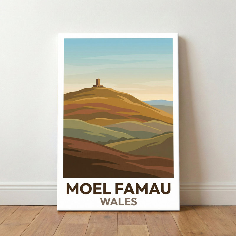 Moel Famau, Wales - Romantic Travel Poster Of Jubilee Tower And Rolling Welsh Hills. Giclee Print On Wrapped Canvas. Wall Art, Home Decor - Natural Landmarks, Wales - Wrapped Canvas Print