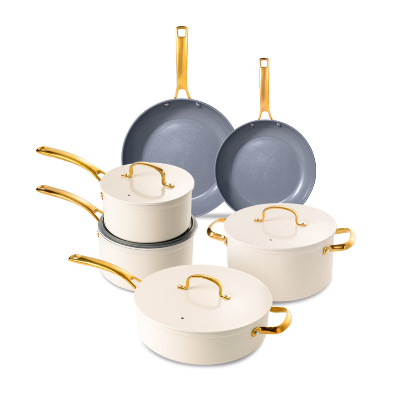 Chef Power Utility Gold 10 - Piece Ceramic Non-Stick Cookware Set Cream