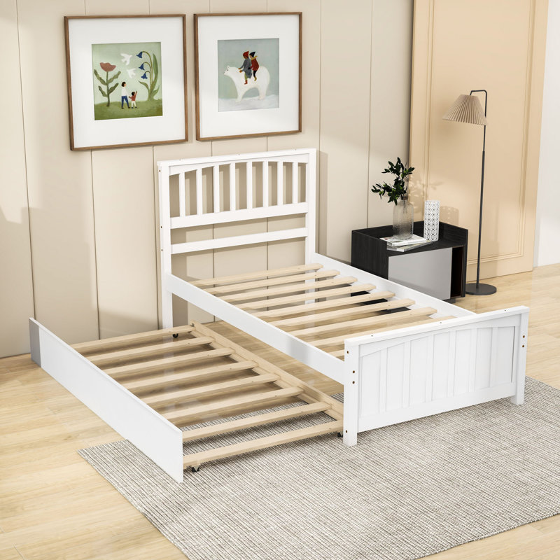 Lit plateforme simple en bois avec lit gigogne simple, Blanc