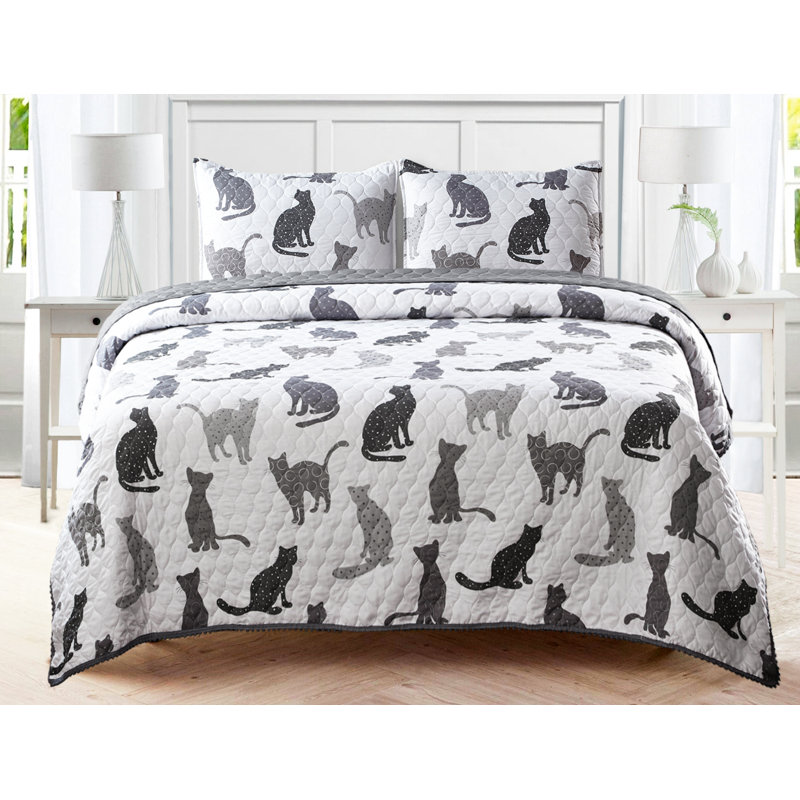 Gray Cats Pompom Trimmed Microfiber Full Quilt Set