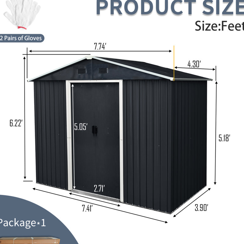 8ft X 4ft Metal Shed For Garden Supplies Storage, Black White Sliding Door Lawn Accessories, With Door,, Black White