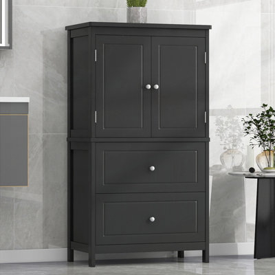 Armoire de rangement pour salle de bain avec deux portes et tiroirs, tablette réglable et panneau de fibres à densité moyenne durable pour une utilisation polyvalente