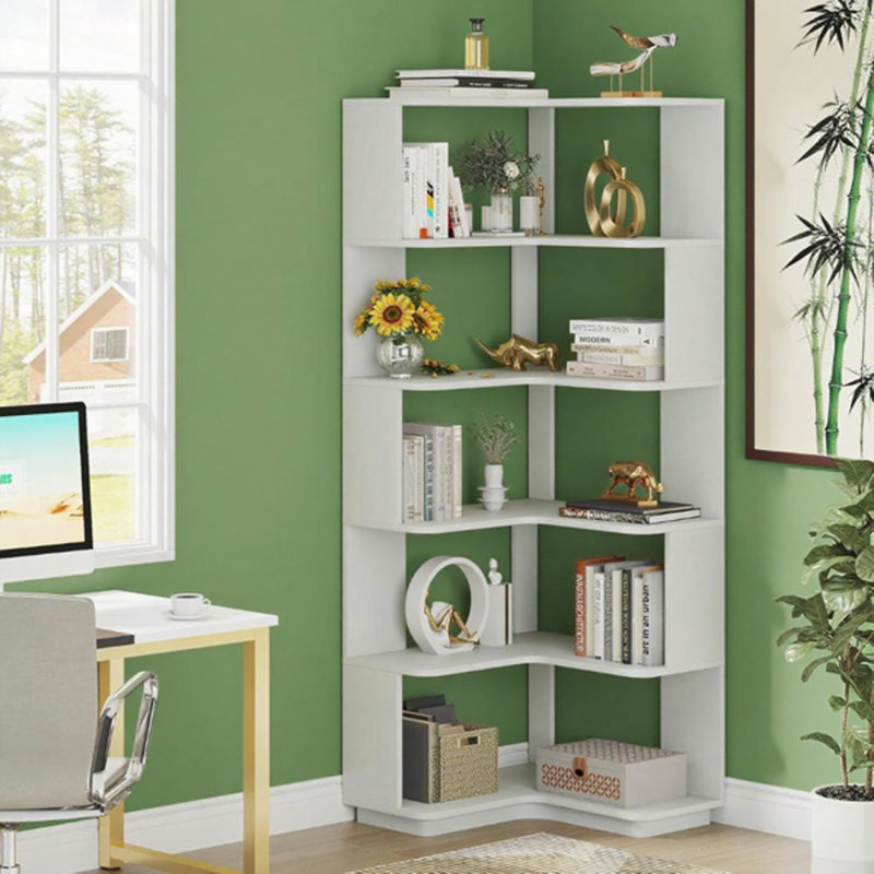 Bibliothèque de coin en bois à 5 niveaux avec tablette en L, Ivoire ivoire